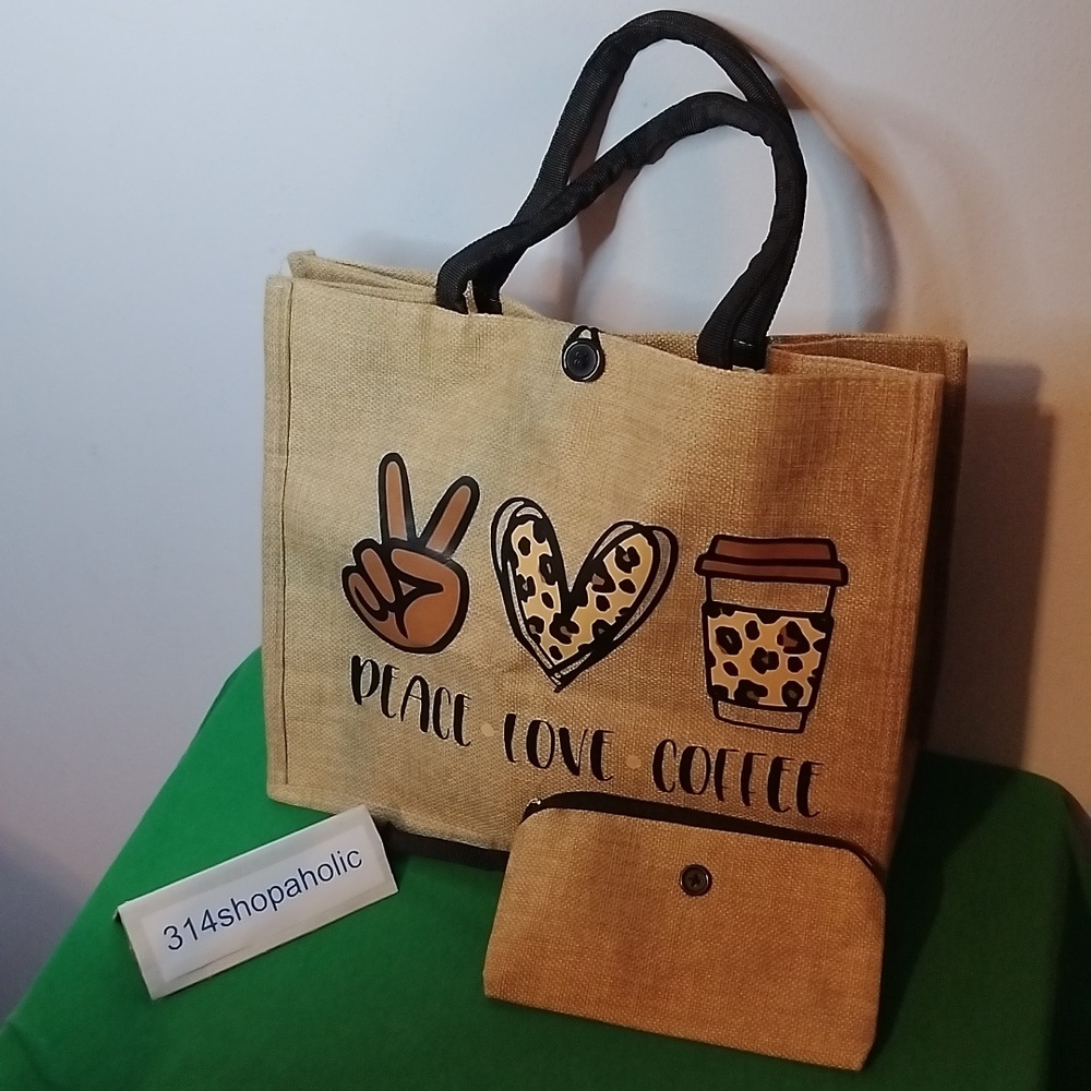 "Peace, Love, Coffee" Tote Bag With Coin Purse - Picture 4 of 6